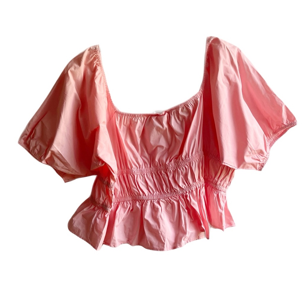 H&M Pink Puff Sleeve Blouse Size XL Cotton Poplin Ruffles Tie Keyhole Feminine - Picture 7 of 12